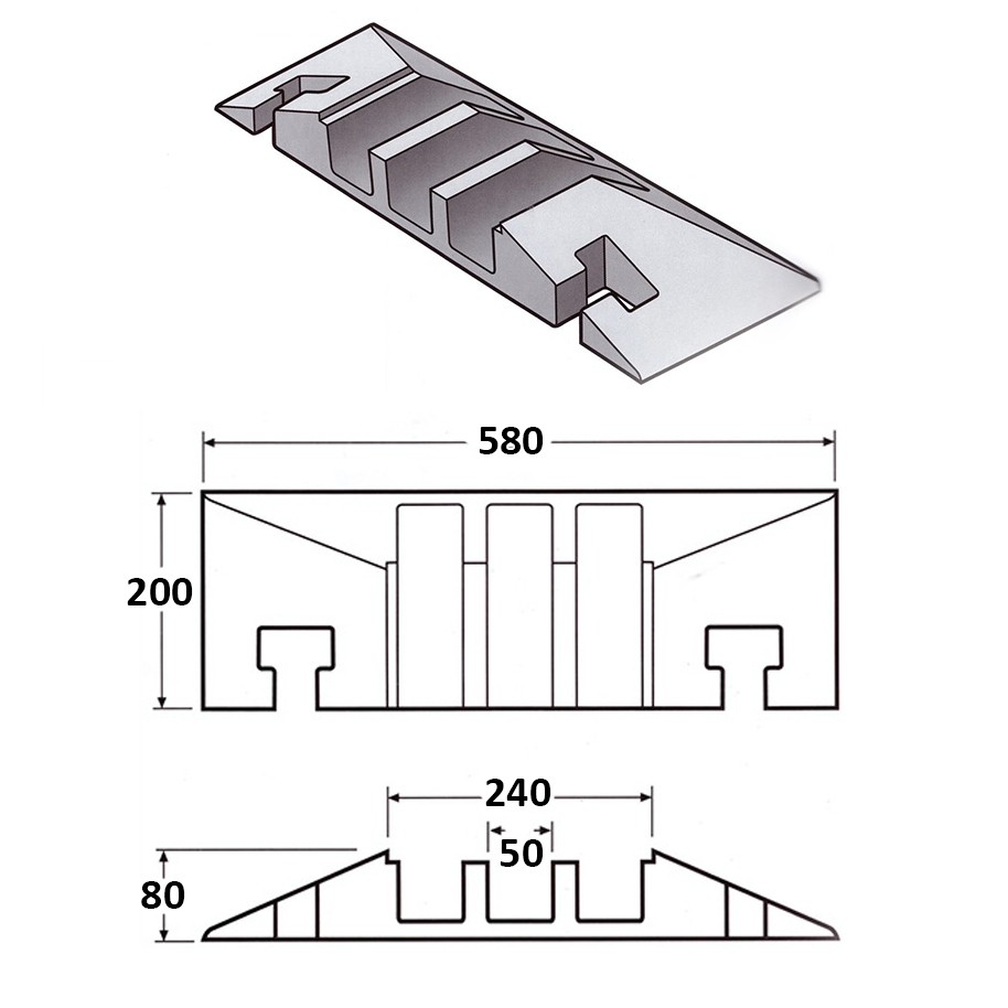 Cable Protector Female End 200L x 580W x 80H (3 Channels, 65mm x 65mm, 20 Tonnes)